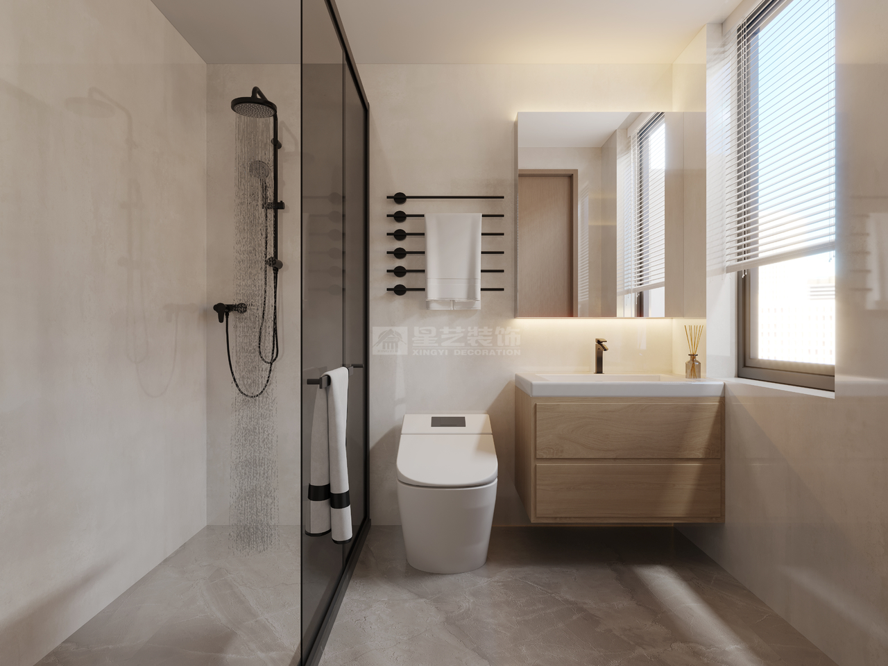 卫浴采用大面积的灰白色铺设

质感自然由内而外的流露

方形盆浴搭配木质干湿柜，在低调中彰显氤氲魅力

简洁大气的大理石纹瓷砖，让空间充满高级感